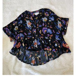 Anthropologie Black Floral Blouse Flowy Peasant- Size Large